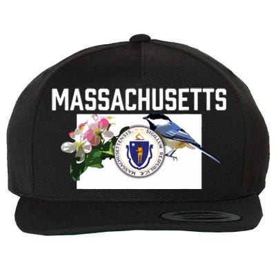 Massachusetts Us State Flag With State Bird Flower Wool Snapback Cap