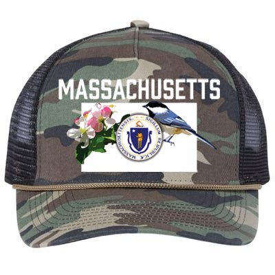 Massachusetts Us State Flag With State Bird Flower Retro Rope Trucker Hat Cap