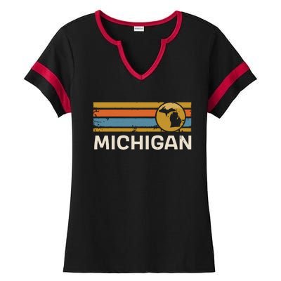 Michigan Us State Map Vintage Retro Stripes Ladies Halftime Notch Neck Tee