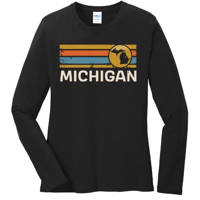 Michigan Us State Map Vintage Retro Stripes Ladies Long Sleeve Shirt