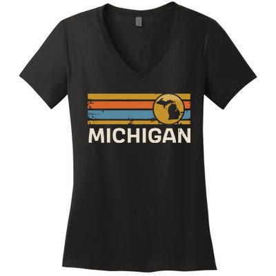 Michigan Us State Map Vintage Retro Stripes Women's V-Neck T-Shirt