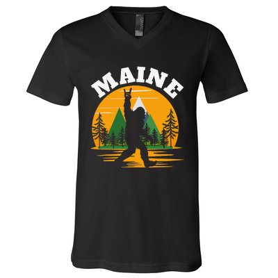 Maine US State Bigfoot Sasquatch V-Neck T-Shirt