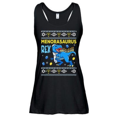 Menorasaurus Ugly Sweater Funny Hanukkah Dinosaur Ladies Essential Flowy Tank
