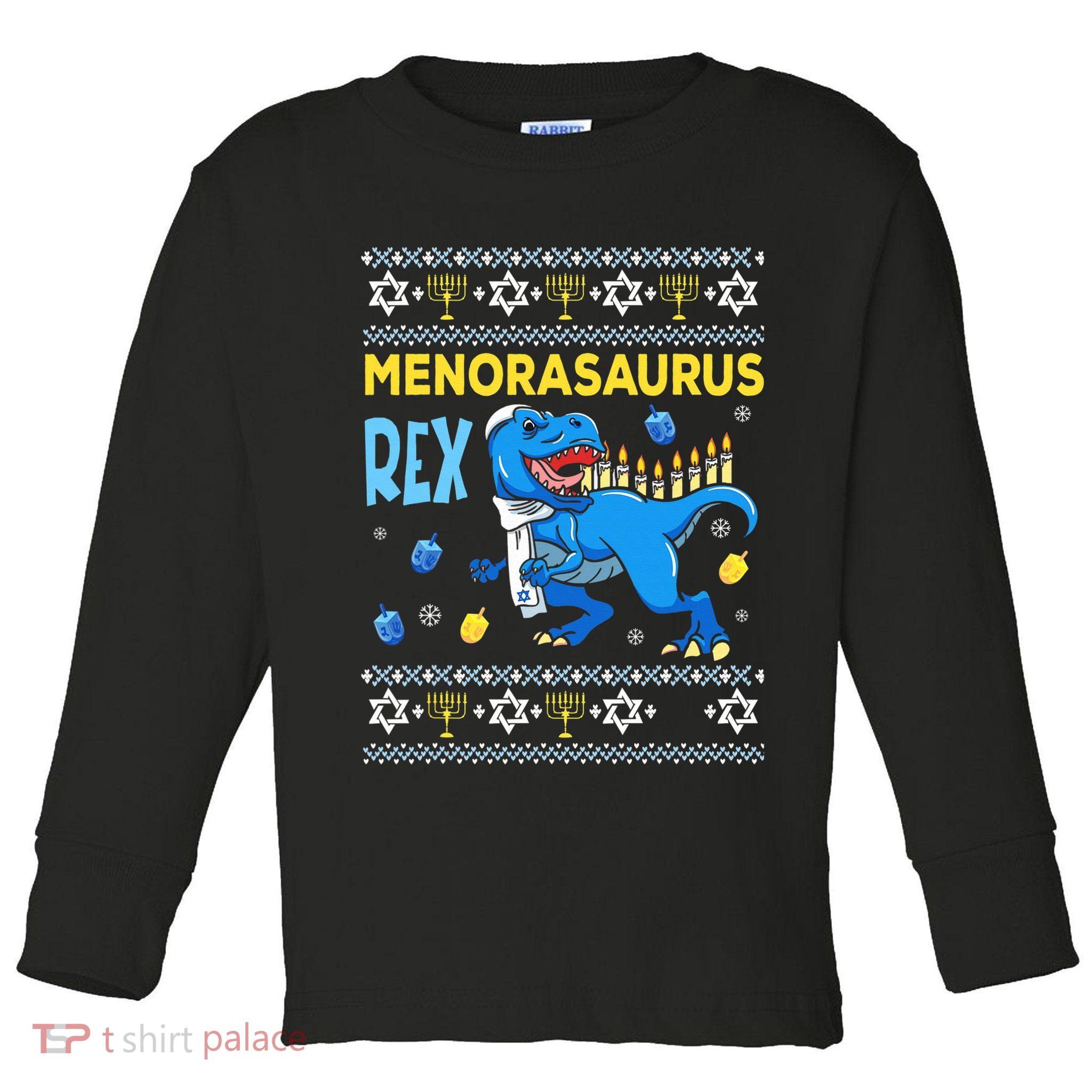 Menorasaurus Ugly Sweater Funny Hanukkah Dinosaur Toddler Long Sleeve Shirt