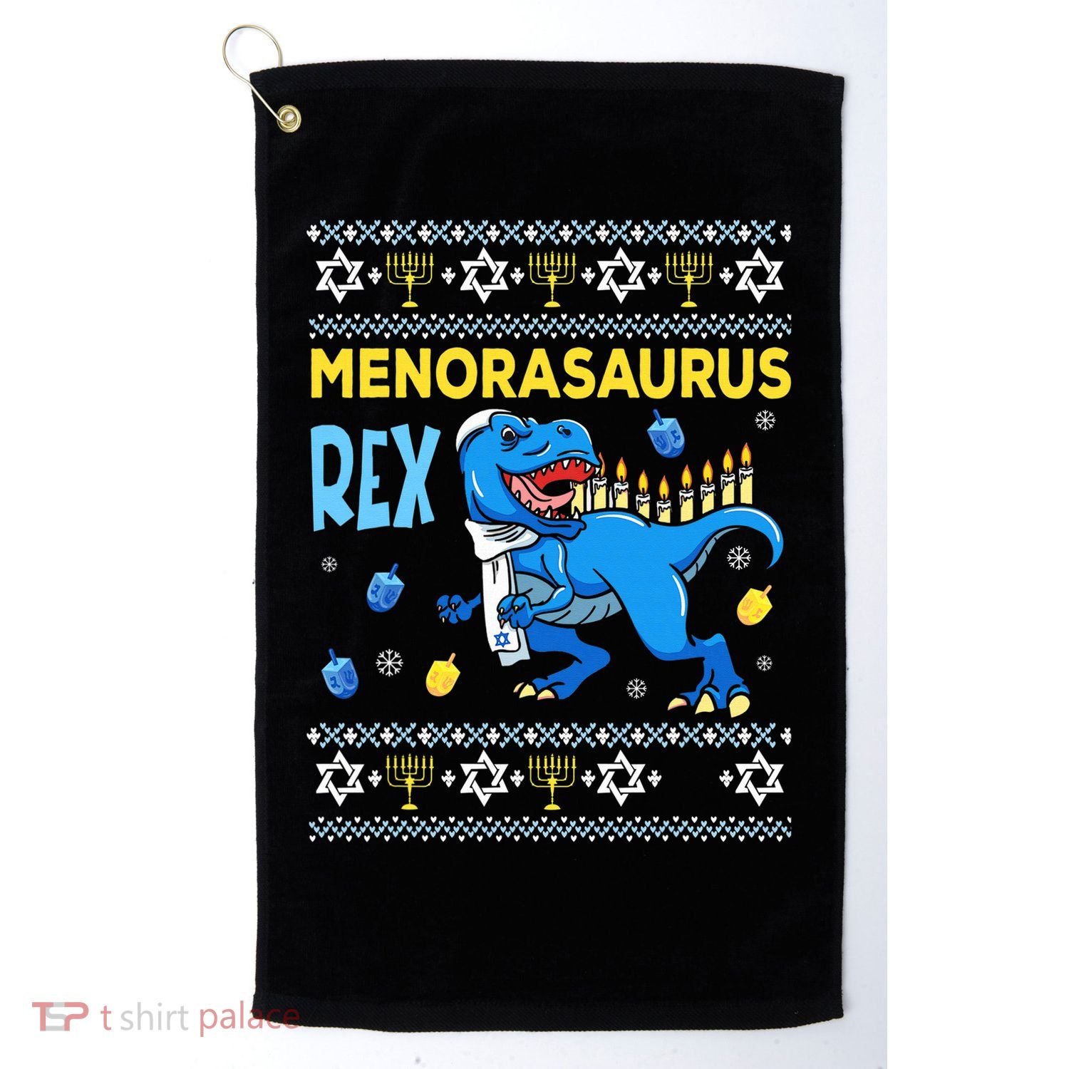 Menorasaurus Ugly Sweater Funny Hanukkah Dinosaur Golf Towel