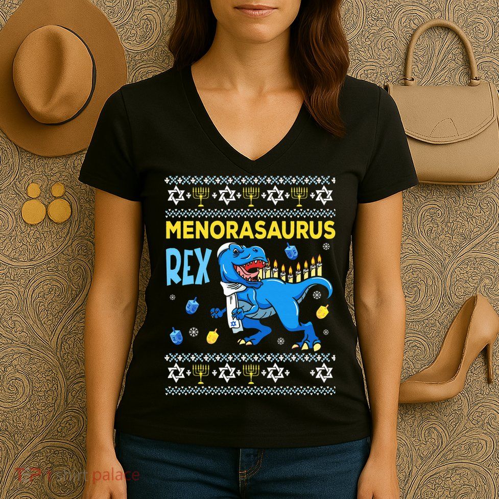 Menorasaurus Ugly Sweater Funny Hanukkah Dinosaur Women's V-Neck T-Shirt