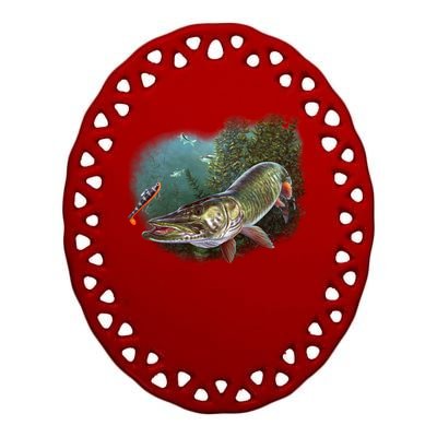 Musky Chase Fishing Ceramic Oval Ornament