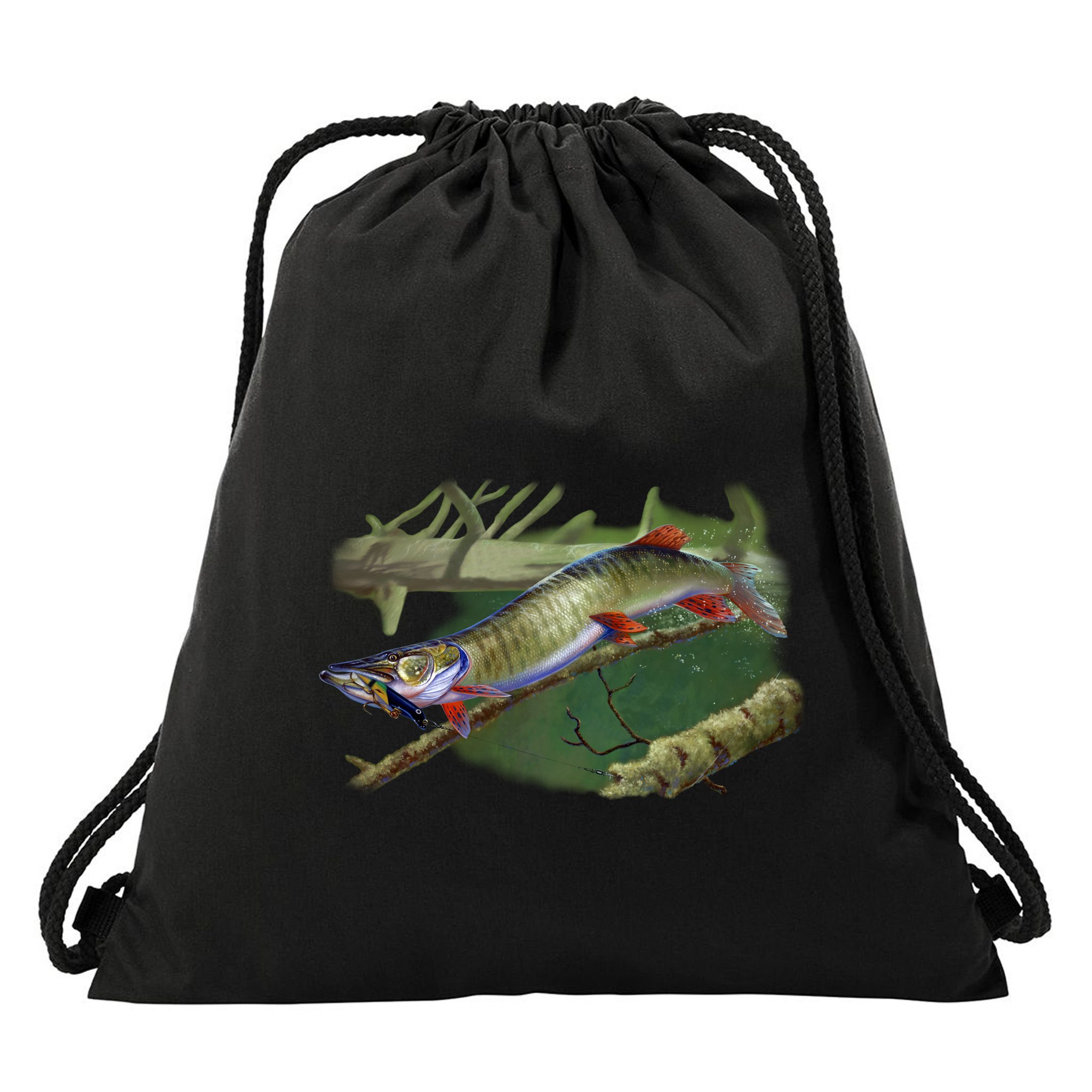 Musky Escape Route Fishing Drawstring Bag