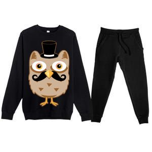 Mustache Owl With Hat Premium Crewneck Sweatsuit Set