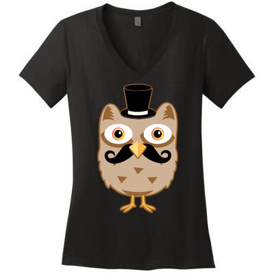 Mustache Owl With Hat Women's V-Neck T-Shirt