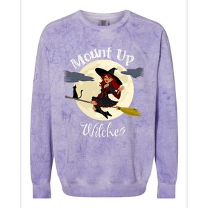 Mount Up Witches Halloween Witch On Broom Black Cat Moon Gift Colorblast Crewneck Sweatshirt