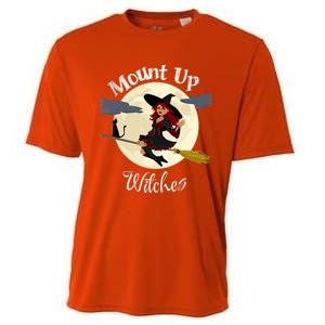 Mount Up Witches Halloween Witch On Broom Black Cat Moon Gift Cooling Performance Crew T-Shirt