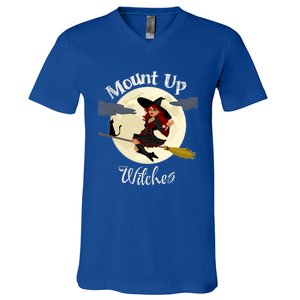 Mount Up Witches Halloween Witch On Broom Black Cat Moon Gift V-Neck T-Shirt