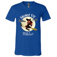 Mount Up Witches Halloween Witch On Broom Black Cat Moon Gift V-Neck T-Shirt