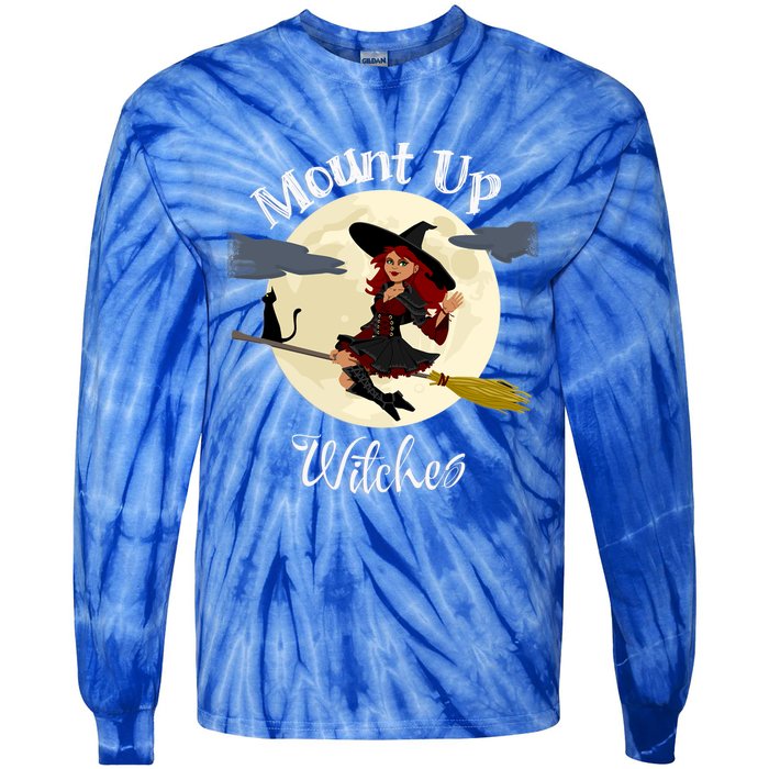 Mount Up Witches Halloween Witch On Broom Black Cat Moon Gift Tie-Dye Long Sleeve Shirt