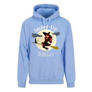 Mount Up Witches Halloween Witch On Broom Black Cat Moon Gift Unisex Surf Hoodie