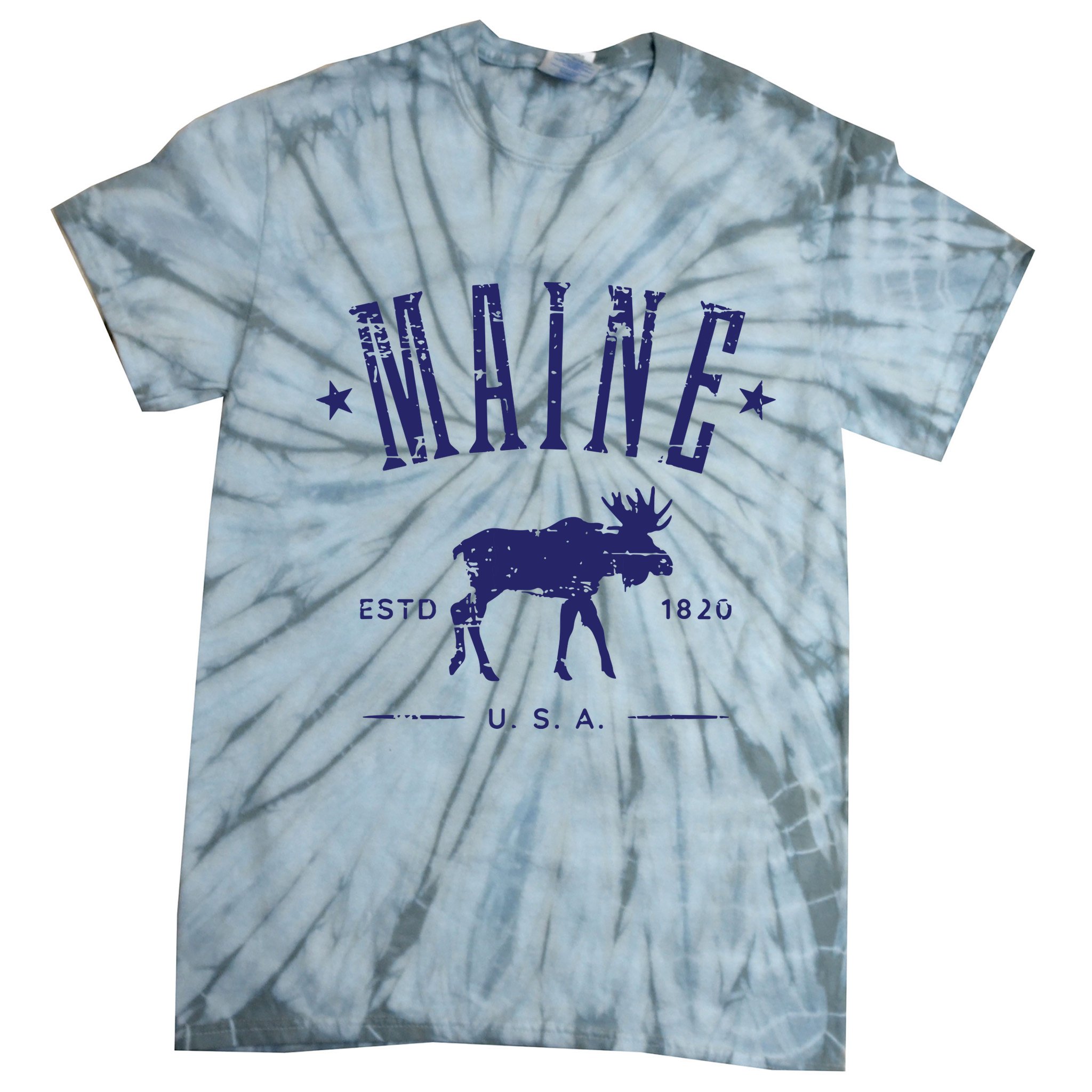 Maine Usa With Moose Distressed Design Souvenir Tie-Dye T-Shirt