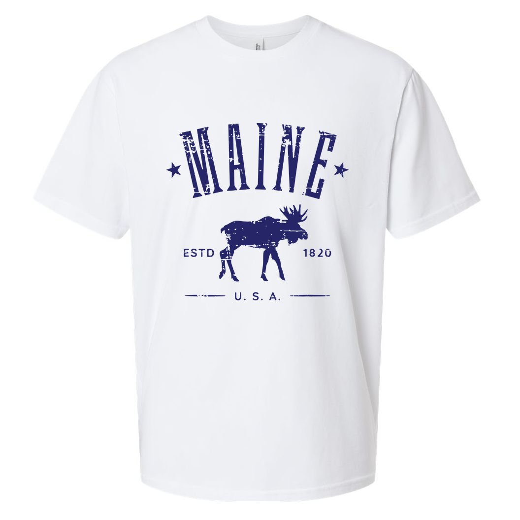 Maine Usa With Moose Distressed Design Souvenir Sueded Cloud Jersey T-Shirt