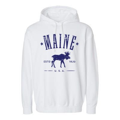 Maine Usa With Moose Distressed Design Souvenir Garment-Dyed Fleece Hoodie