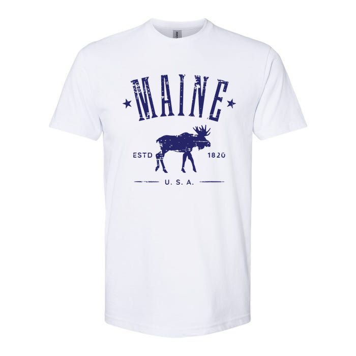 Maine Usa With Moose Distressed Design Souvenir Softstyle CVC T-Shirt