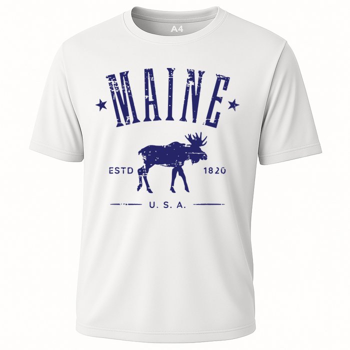 Maine Usa With Moose Distressed Design Souvenir Cooling Performance Crew T-Shirt