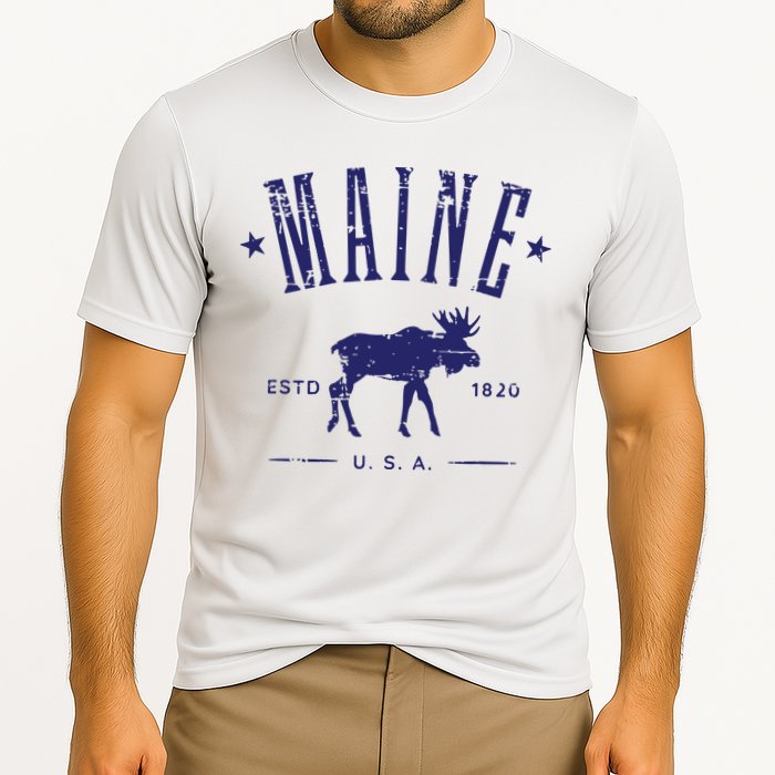 Maine Usa With Moose Distressed Design Souvenir Cooling Performance Crew T-Shirt
