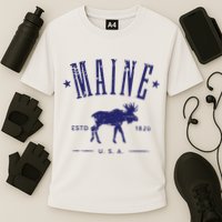 Maine Usa With Moose Distressed Design Souvenir Cooling Performance Crew T-Shirt