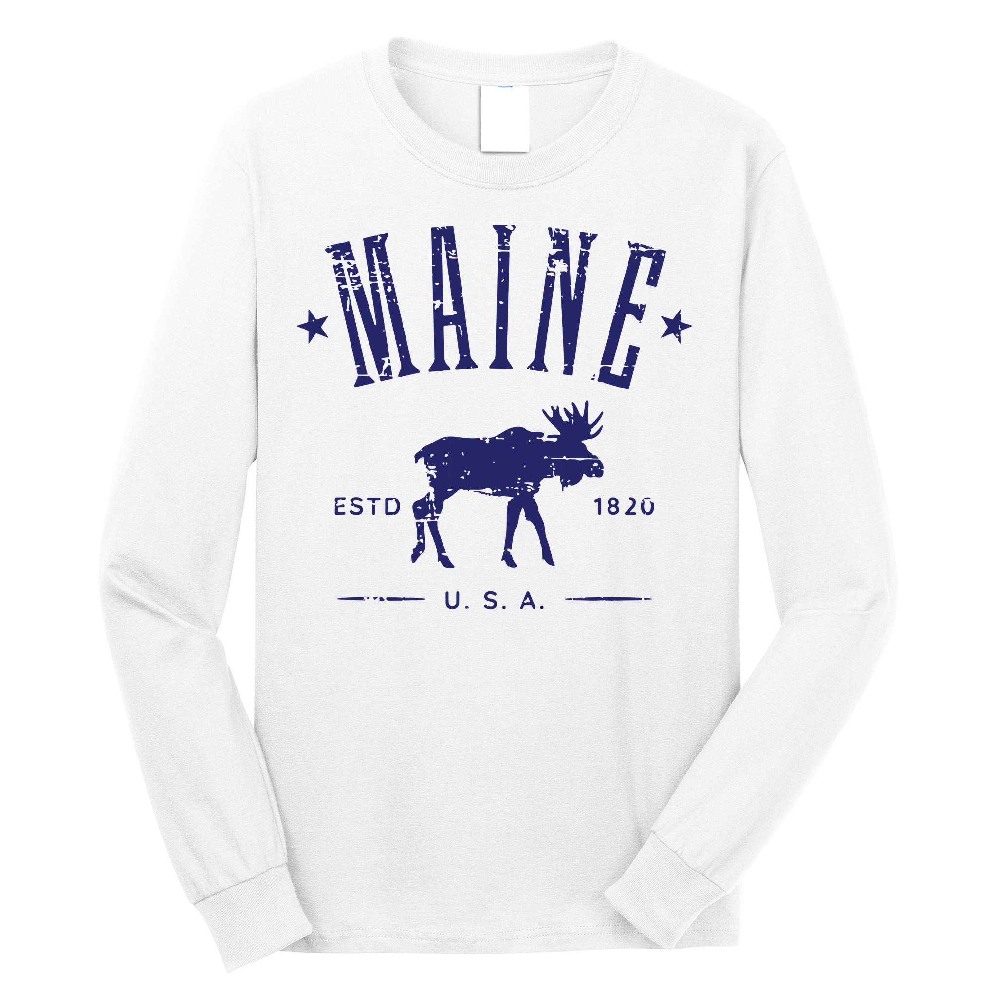 Maine Usa With Moose Distressed Design Souvenir Long Sleeve Shirt