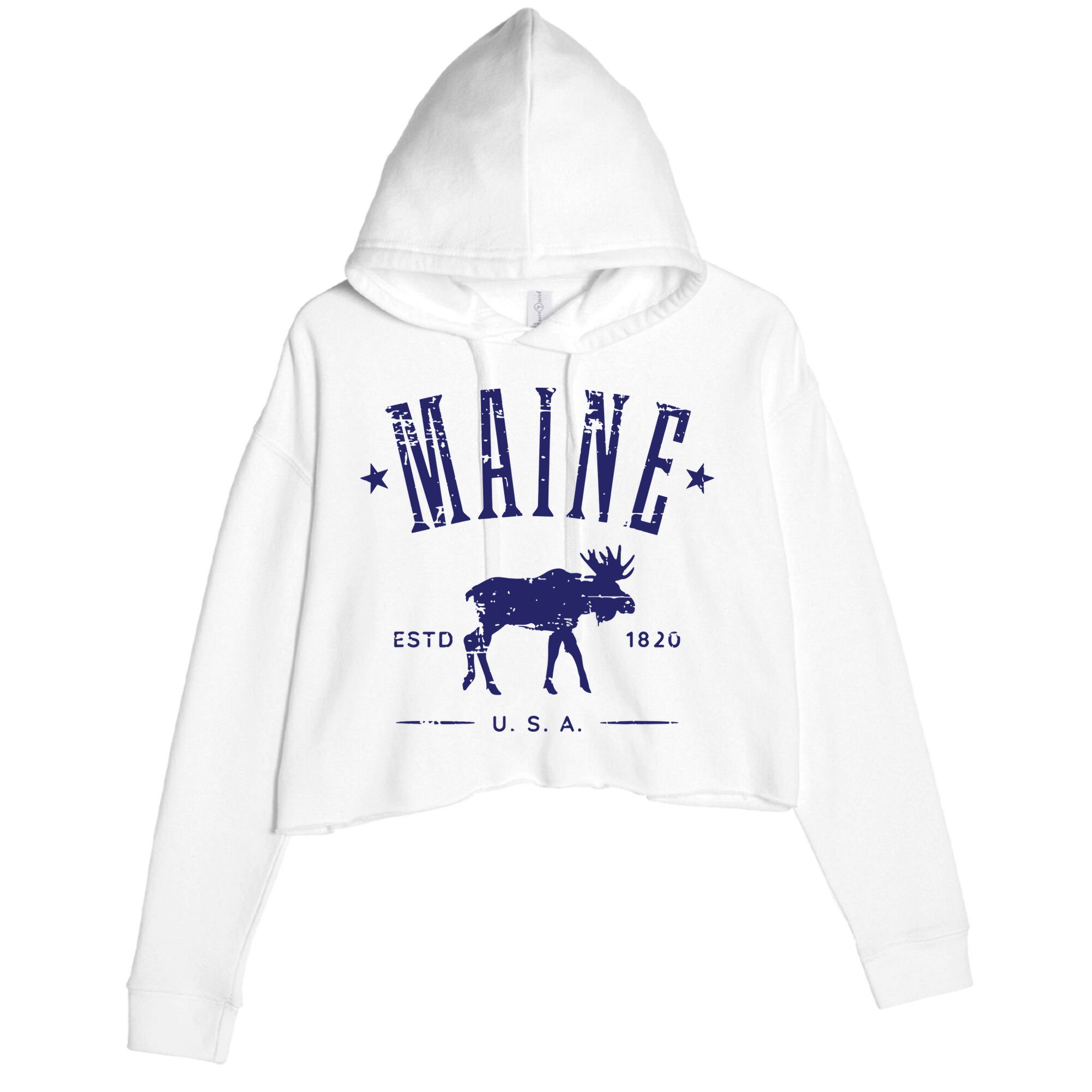 Maine Usa With Moose Distressed Design Souvenir Crop Fleece Hoodie