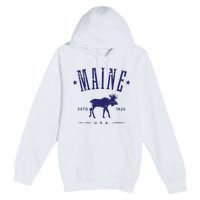 Maine Usa With Moose Distressed Design Souvenir Premium Pullover Hoodie