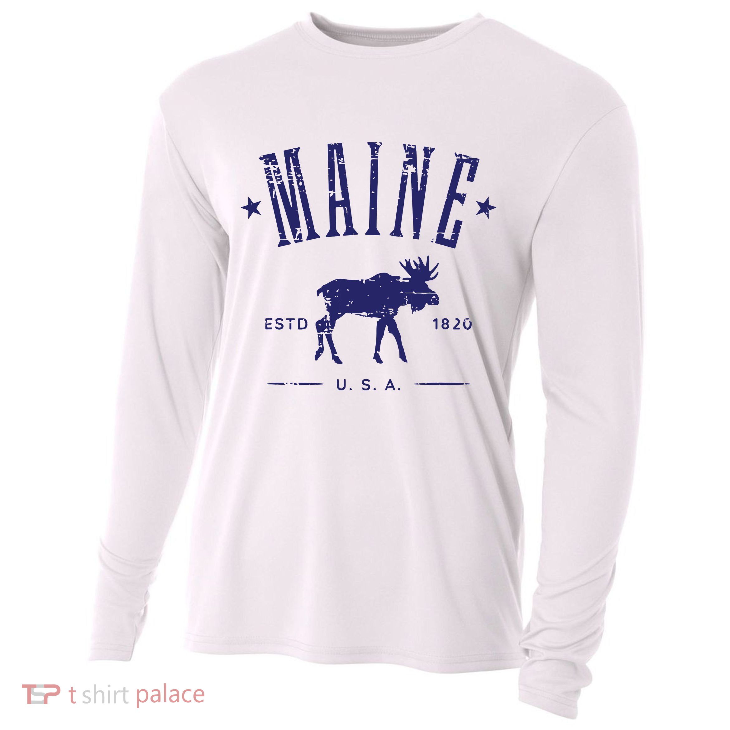 Maine Usa With Moose Distressed Design Souvenir Cooling Performance Long Sleeve Crew