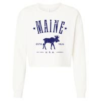 Maine Usa With Moose Distressed Design Souvenir Cropped Pullover Crew