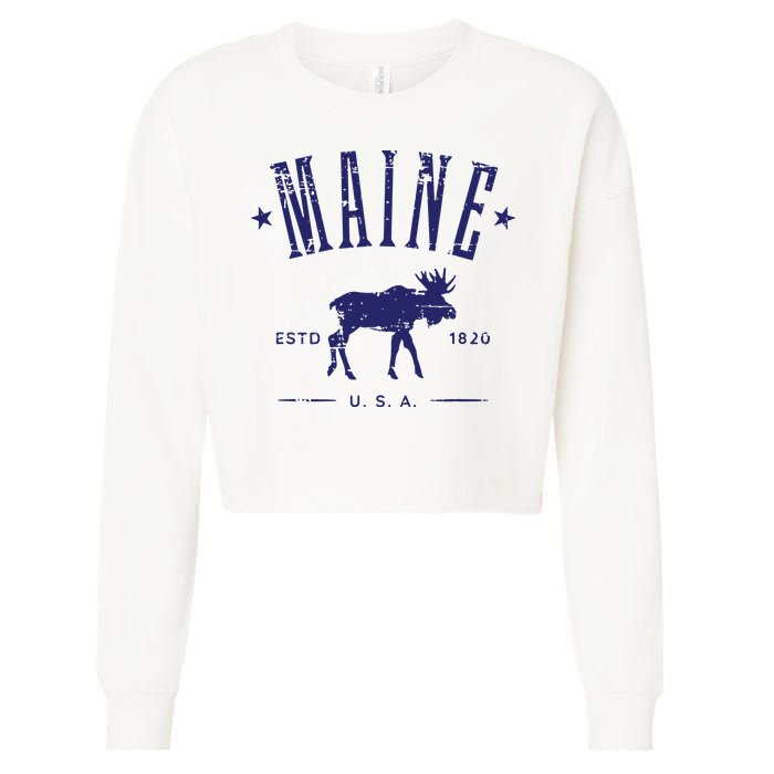 Maine Usa With Moose Distressed Design Souvenir Cropped Pullover Crew