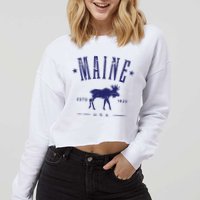 Maine Usa With Moose Distressed Design Souvenir Cropped Pullover Crew