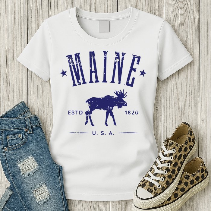 Maine Usa With Moose Distressed Design Souvenir Womens T-Shirt