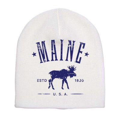 Maine Usa With Moose Distressed Design Souvenir Short Acrylic Beanie