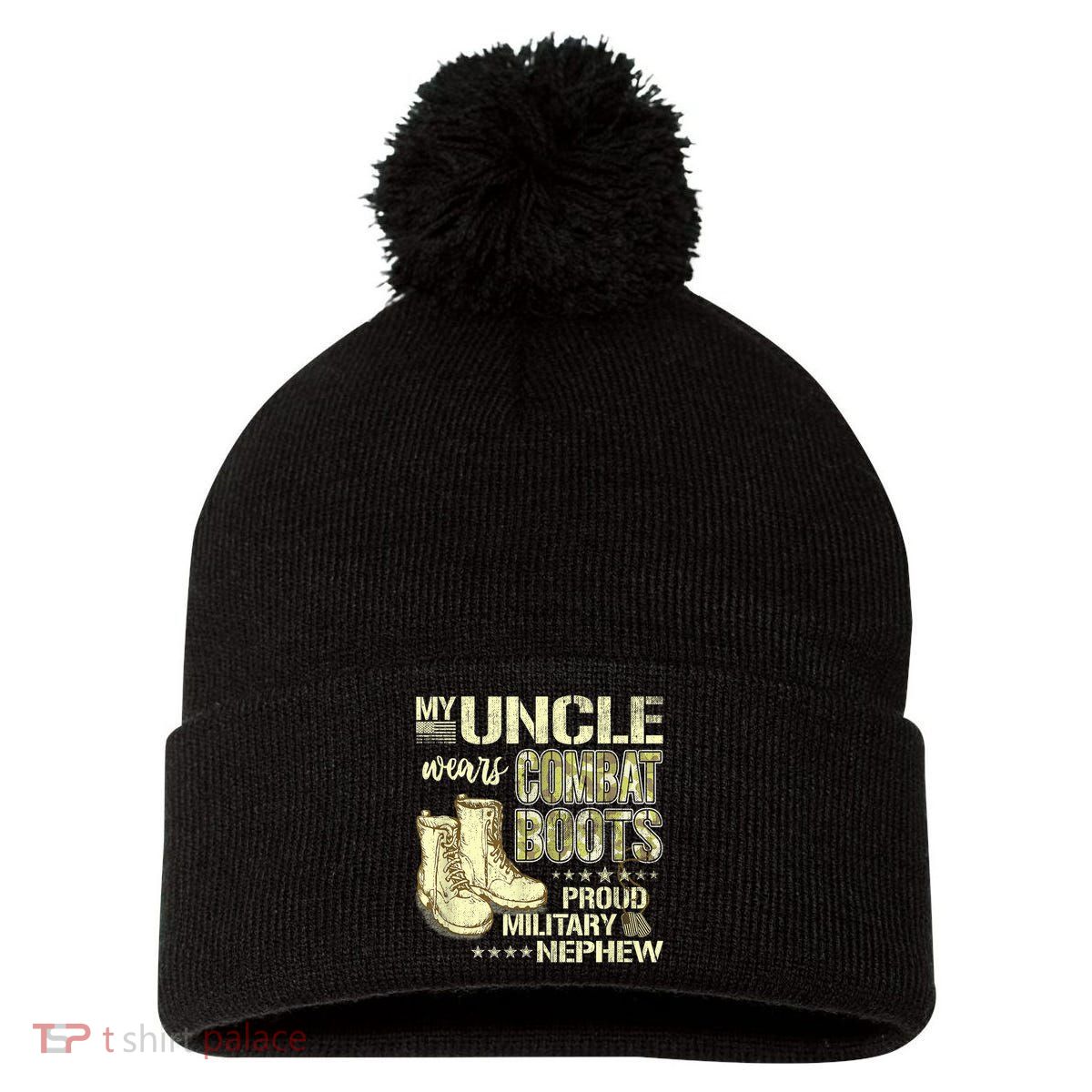 My Uncle Wears Combat Boots Dog Tags Proud Military Nephew Pom Pom 12in Knit Beanie