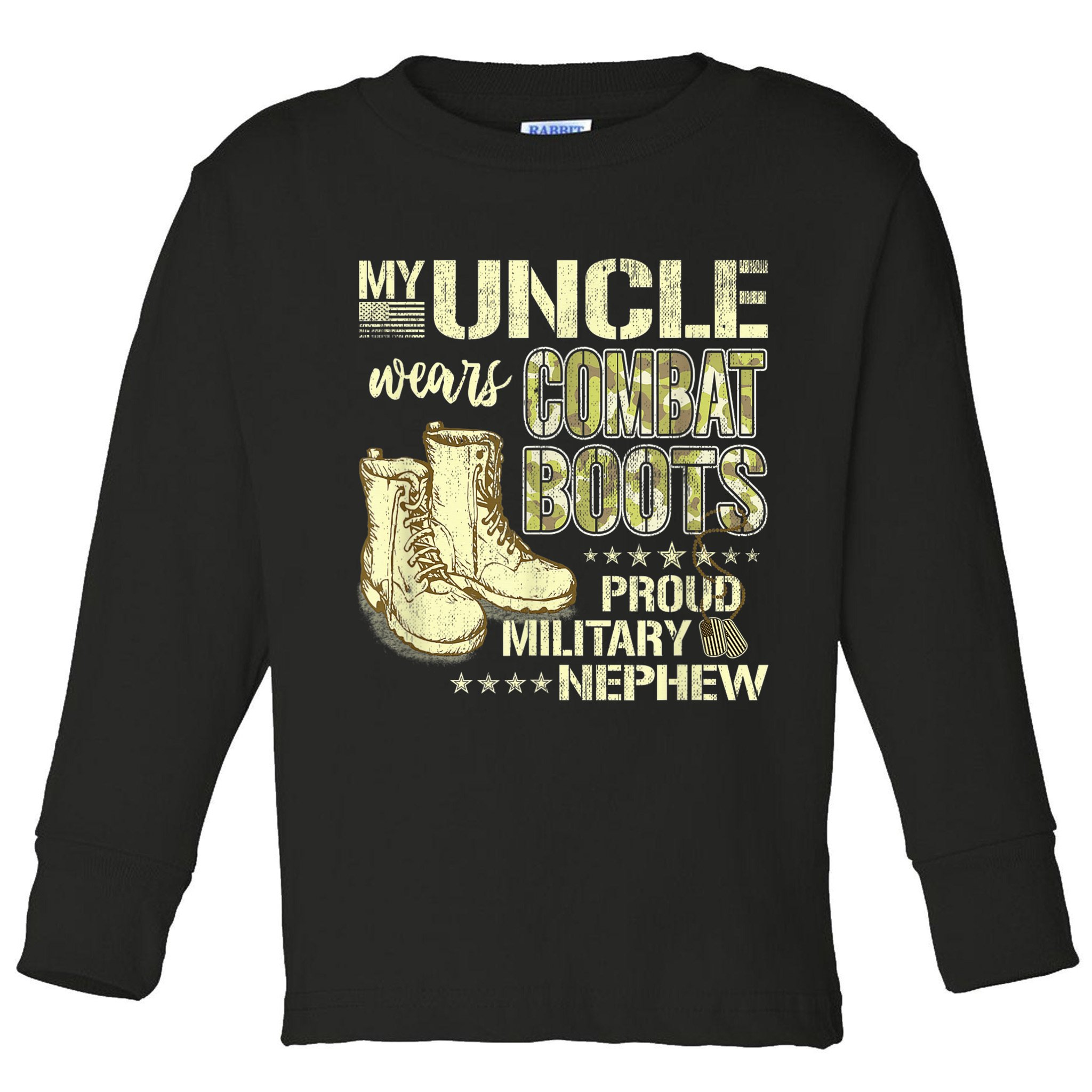 My Uncle Wears Combat Boots Dog Tags Proud Military Nephew Toddler Long Sleeve Shirt
