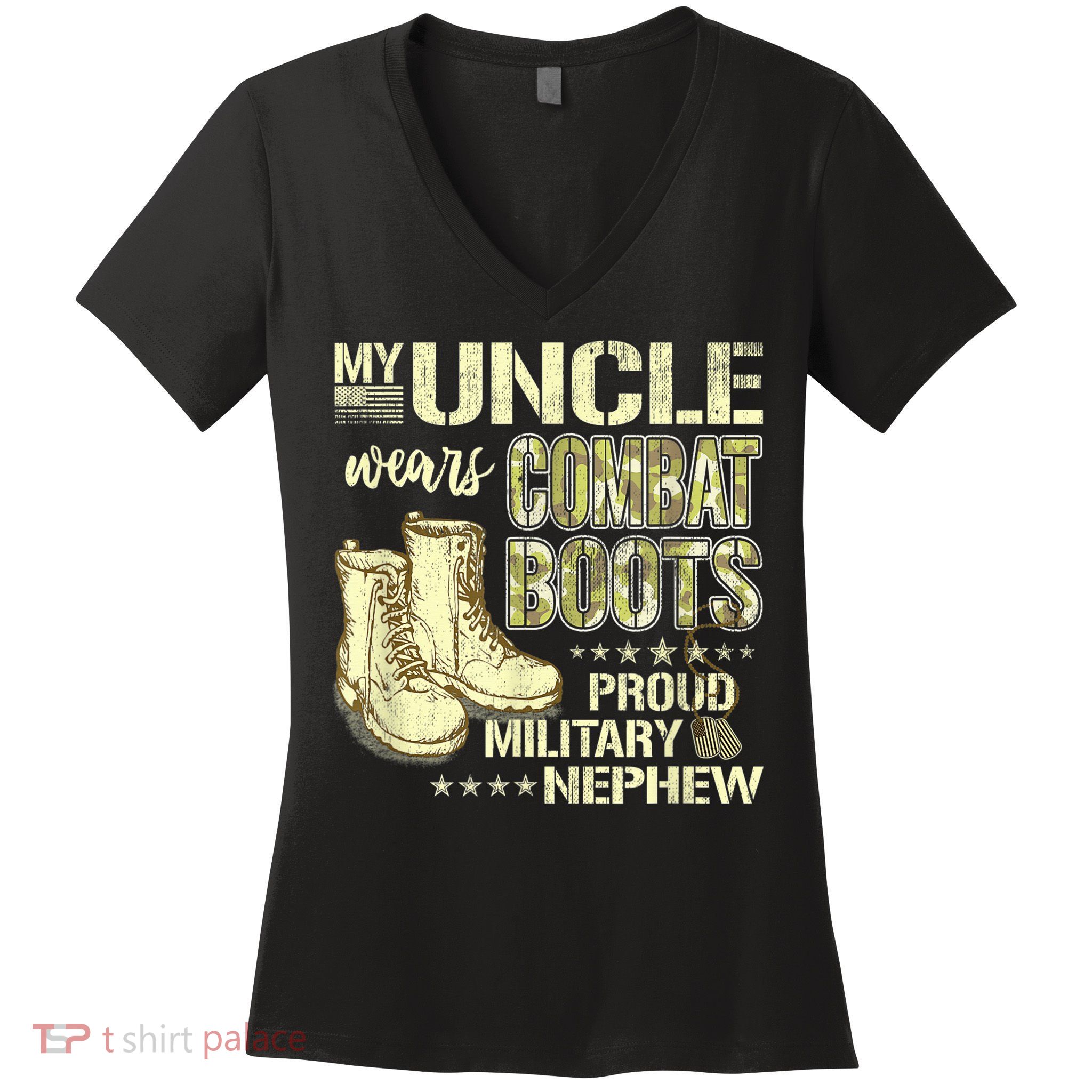 My Uncle Wears Combat Boots Dog Tags Proud Military Nephew Women's V-Neck T-Shirt