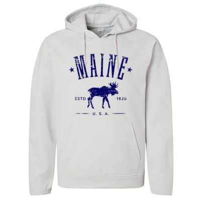 Maine Usa With Moose Distressed Design Souvenir Performance Fleece Hoodie