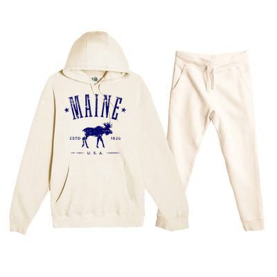 Maine Usa With Moose Distressed Design Souvenir Premium Hooded Sweatsuit Set