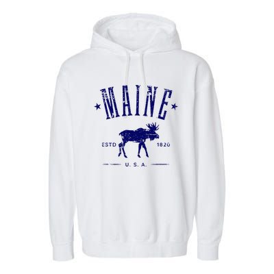 Maine Usa With Moose Distressed Design Souvenir Garment-Dyed Fleece Hoodie