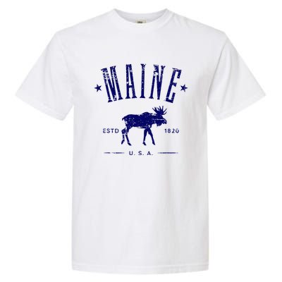 Maine Usa With Moose Distressed Design Souvenir Garment-Dyed Heavyweight T-Shirt