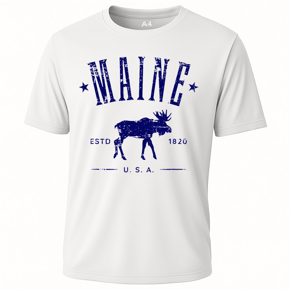 Maine Usa With Moose Distressed Design Souvenir Cooling Performance Crew T-Shirt