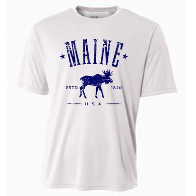 Maine Usa With Moose Distressed Design Souvenir Cooling Performance Crew T-Shirt