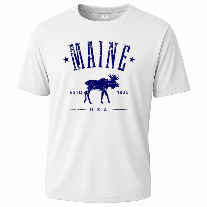 Maine Usa With Moose Distressed Design Souvenir Cooling Performance Crew T-Shirt