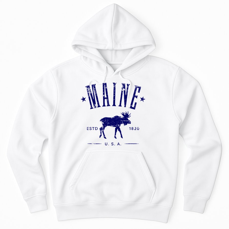 Maine Usa With Moose Distressed Design Souvenir Hoodie