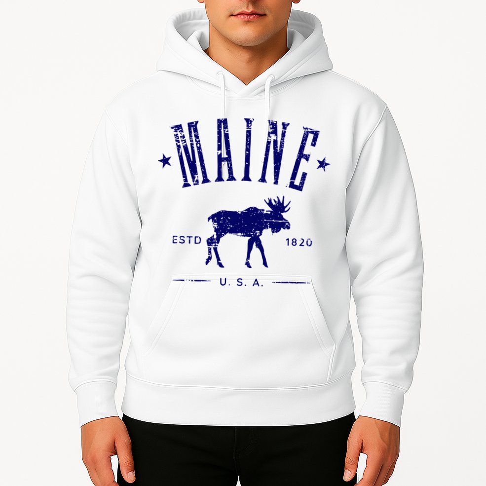 Maine Usa With Moose Distressed Design Souvenir Hoodie