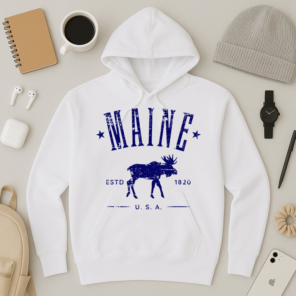 Maine Usa With Moose Distressed Design Souvenir Hoodie