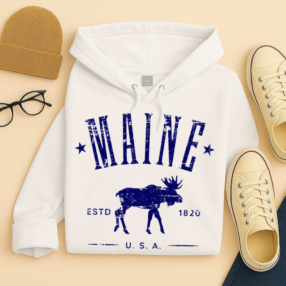 Maine Usa With Moose Distressed Design Souvenir Hoodie